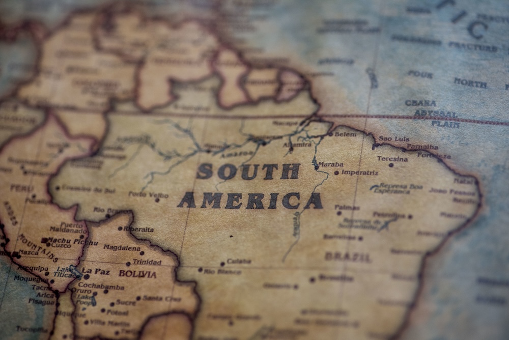 Closeup shot of south America on an old map